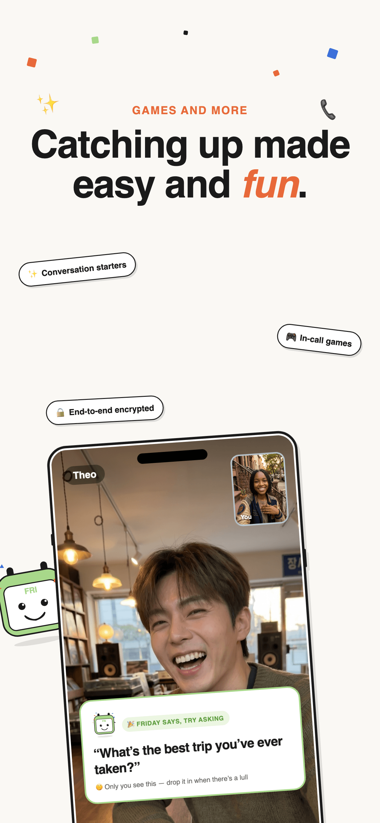 An in-app KeepUp call with a conversation starter prompt on screen