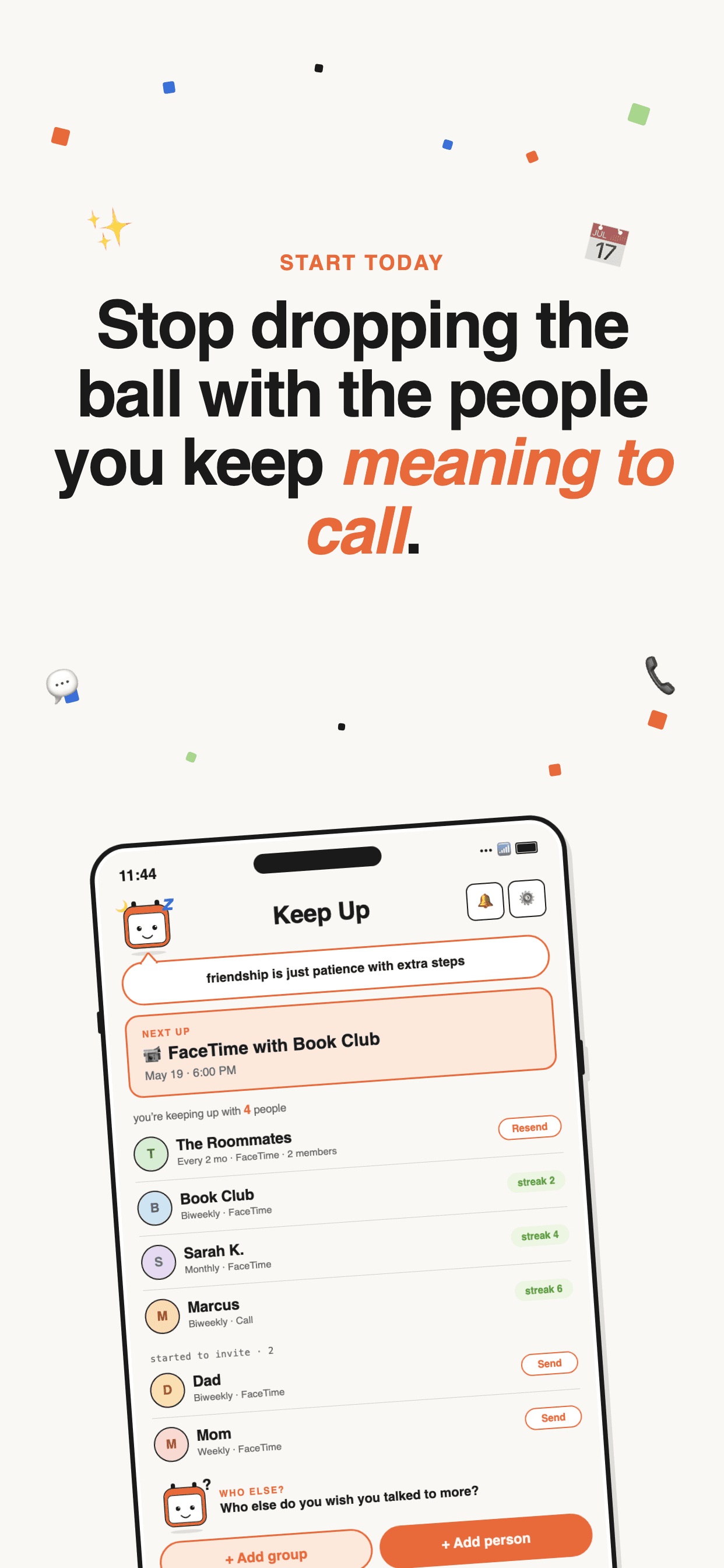 KeepUp home screen showing the people and groups you keep up with
